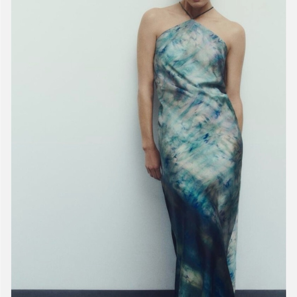Zara Satin halter watercolor Gown Brand new
